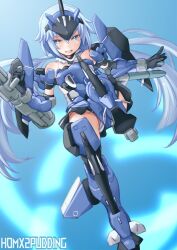 1girl bare_shoulders black_gloves blue_eyes blue_hair character_name elbow_gloves frame_arms_girl gloves gun headgear highres long_hair looking_at_viewer mecha_musume open_mouth puddinghomhom smile solo stylet teeth twintails very_long_hair weapon