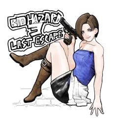 Rule 34 | 1girl, blue eyes, blue tube top, boots, brown boots, brown hair, clothes around waist, commentary, copyright name, gun, handgun, holding, holding gun, holding weapon, ironu love25, jill valentine, miniskirt, resident evil, resident evil 3: nemesis, short hair, simple background, skirt, smile, strapless, sweater, sweater around waist, tube top, weapon, white background