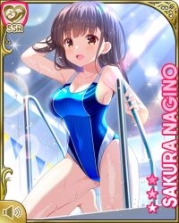 1girl :d arm_behind_head bare_legs barefoot blue_one-piece_swimsuit breasts brown_eyes brown_hair card_(medium) day girlfriend_(kari) indoor_pool indoors large_breasts medium_hair nagino_sakura official_art one-piece_swimsuit open_mouth pool poolside qp:flapper school smile solo standing swimsuit tagme