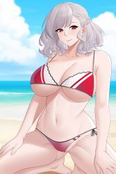 Rule 34 | 1girl, 2025, aslindsamure, bare shoulders, beach, bikini, blue sky, blush, braid, breasts, closed mouth, cloud, cloudy sky, collarbone, commentary, english commentary, feet, girls&#039; frontline, girls&#039; frontline 2: exilium, gluteal fold, grey hair, groin, hands on own thighs, highres, large breasts, legs apart, lips, long hair, looking at viewer, navel, ocean, official alternate costume, outdoors, red bikini, red eyes, sabrina (girls&#039; frontline 2), sabrina (strawberry zabaione) (girls&#039; frontline 2), shadow, shore, side-tie bikini bottom, sky, spas-12 (girls&#039; frontline), squatting, swimsuit, thighhighs, twintails