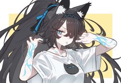 1girl absurdres animal_ear_fluff animal_ears black_hair blue_eyes blue_tongue body_markings breasts cat_ears closed_mouth colored_tongue commentary crossed_bangs dark_kasli_(nyanko_daisensou) ebora english_commentary hairband hands_up highres long_hair looking_at_viewer nyanko_daisensou polka_dot ponytail shirt short_sleeves small_breasts solo tongue upper_body v-shaped_eyebrows very_long_hair white_shirt