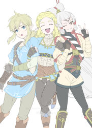 1boy 2girls absurdres black_pants blonde_hair blue_eyes blue_shirt blue_tunic boots braid breasts champion&#039;s_tunic_(zelda) closed_eyes crown_braid eye_symbol facial_mark fingerless_gloves forehead_mark forehead_tattoo gloves hair_ornament hair_stick hairclip highres hyrule_warriors:_age_of_calamity impa link long_hair looking_at_viewer multiple_girls nintendo one_eye_closed open_mouth pants pointy_ears princess_zelda red_eyes sheikah shirt short_hair sidelocks smile teeth the_legend_of_zelda the_legend_of_zelda:_breath_of_the_wild tomo.puri tunic v white_hair