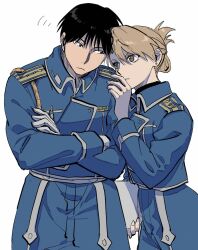 1boy 1girl black_hair blonde_hair blue_jacket closed_mouth cowboy_shot crossed_arms fullmetal_alchemist gloves highres jacket medium_hair military_uniform ozaki_(tsukiko3) parted_lips riza_hawkeye roy_mustang short_hair simple_background teeth white_background white_gloves