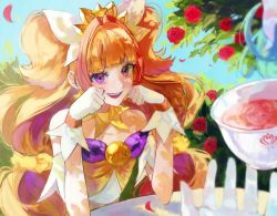 1girl :d amanogawa_kirara blonde_hair blue_hair blunt_bangs bow choker collarbone cup cure_flora cure_mermaid cure_twinkle day flower gloves go!_princess_precure hair_bow haruno_haruka kaidou_minami long_hair looking_at_viewer multicolored_hair nani_(s2_nani) open_mouth outdoors petals precure purple_eyes red_flower red_hair red_rose rose short_sleeves smile teacup two-tone_hair upper_body very_long_hair white_bow white_gloves yellow_choker