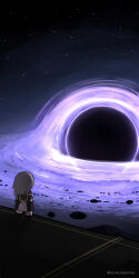 1girl absurdres black_coat black_hole chibi coat from_behind grey_hair highres honkai:_star_rail honkai_(series) long_hair marin_liekuriva solo space standing stelle_(honkai:_star_rail) trailblazer_(honkai:_star_rail)