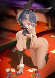 1girl absurdres animal_ear_hairband animal_ears black_shoes blue_eyes blurry blurry_background blush breasts collarbone commentary earrings elbow_gloves english_commentary fake_animal_ears gleam gloves grey_hair hairband highres jewelry kebohan kneeling large_breasts leotard long_hair naked_bowtie nipples nude on_table open_mouth phase_connect playboy_bunny poker_chip rabbit_ear_hairband rabbit_ears second-party_source shadow shisui_michiru_(phase_connect) shoes solo table virtual_youtuber white_wrist_cuffs wrist_cuffs