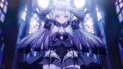 Rule 34 | 04 fujino9, 1girl, :|, absurdres, black bow, black hair, black leotard, black sleeves, blunt bangs, blurry, blurry background, bow, breasts, closed mouth, commentary, english commentary, garter straps, gloves, gradient hair, grey hair, highres, juliet sleeves, leotard, long sleeves, multicolored hair, nakuru (synthv), pink eyes, puffy sleeves, solo, synthesizer v