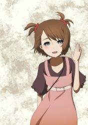 1girl :d absurdres black_shirt blue_eyes blush brown_hair collarbone dress hair_ornament hair_scrunchie highres looking_at_viewer open_mouth pinafore_dress pink_dress red_scrunchie scrunchie shirt short_hair short_sleeves sleeveless sleeveless_dress smile solo standing steins;gate swept_bangs tayutau0a0 tennouji_nae two_side_up