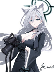 Rule 34 | 1girl, absurdres, ahoge, animal ear fluff, animal ears, black choker, black dress, black gloves, black halo, blue archive, blue eyes, blush, breasts, broken halo, camera, choker, cleavage, cross, cross hair ornament, dark halo, dress, extra ears, gloves, grey hair, hair between eyes, hair ornament, halo, highres, holding, holding camera, inverted cross, jinling ovo, large breasts, long hair, long sleeves, looking at viewer, mismatched pupils, shiroko (blue archive), shiroko terror (blue archive), signature, simple background, solo, white background, wide sleeves, wolf ears, wolf girl
