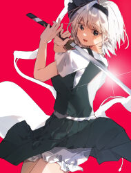 1girl absurdres black_bow black_bowtie black_hairband black_ribbon bloomers blue_eyes bob_cut bow bowtie breasts collared_shirt commentary green_skirt green_vest hair_ribbon hairband higa_(gominami) highres hitodama hitodama_print katana konpaku_youmu konpaku_youmu_(ghost) medium_breasts red_background ribbon shirt short_hair short_sleeves skirt skirt_set small_breasts sword touhou underwear vest weapon white_hair white_shirt