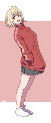 10ttruck 1girl blonde_hair commentary_request full_body grey_skirt hands_in_pockets highres jacket long_sleeves lycoris_recoil nishikigi_chisato one_side_up open_mouth pleated_skirt red_eyes red_jacket shirt short_hair skirt solo teeth upper_teeth_only white_shirt
