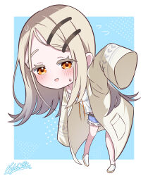 1girl :d belt black_belt blonde_hair blue_background blue_shorts blush border camisole chibi collarbone commentary_request flying_sweatdrops full_body gakuen_idolmaster hair_ornament hairpin highres idolmaster jacket long_hair looking_at_viewer open_clothes open_jacket open_mouth orange_eyes outside_border oversized_jacket shinosawa_hiro shoes short_shorts shorts sidelocks signature simple_background sleeves_past_fingers sleeves_past_wrists smile solo sweat swept_bangs vtitalianlion46 white_border white_camisole white_shoes yellow_jacket