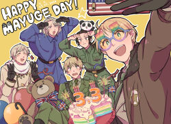 5boys america_(hetalia) animal animal_ears arm_up arms_up axis_powers_hetalia balloon belt black_belt black_gloves black_hair blonde_hair blue_capelet blue_eyes blue_jacket blush bow bowtie breast_pocket brown_eyes brown_jacket cake candle capelet cellphone china_(hetalia) closed_eyes closed_mouth coat collared_capelet collared_shirt commentary_request confetti dated english_text food france_(hetalia) fur-trimmed_jacket fur_trim gloves green_eyes green_jacket green_necktie green_pants green_shirt grey_hair holding holding_phone jacket lapels long_hair looking_at_animal looking_at_another looking_up low_ponytail male_focus medal military_jacket military_uniform multiple_boys nbsr necktie open_clothes open_jacket open_mouth orange-tinted_eyewear panda panda_ears pants phone plate pocket ponytail purple_eyes rainbow_cake round_eyewear russia_(hetalia) scarf shirt short_hair sidelocks simple_background sitting smartphone smile standing star-shaped_pupils star_(symbol) stuffed_animal stuffed_toy sunglasses sweatdrop symbol-shaped_pupils taking_picture teddy_bear teeth tinted_eyewear union_jack union_jack_print united_kingdom_(hetalia) white_scarf white_shirt yellow_background yellow_coat