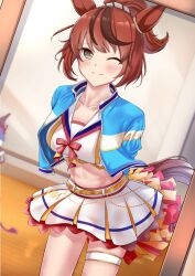1girl animal_ears arms_behind_back blue_jacket blush breasts brown_hair closed_mouth collarbone crop_top cropped_jacket grey_eyes groin herohero_(higashi_no_dou) highres holding holding_pom_poms horse_ears horse_girl horse_tail jacket looking_at_viewer midriff mirror multicolored_hair navel nice_nature_(run&amp;win)_(umamusume) nice_nature_(umamusume) one_eye_closed open_clothes open_jacket pom_pom_(cheerleading) pom_poms reflection skirt small_breasts smile solo split_mouth streaked_hair tail thigh_strap umamusume white_skirt