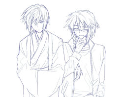 Rule 34 | 2boys, braid, closed mouth, commentary request, expressionless, father and son, glasses, hand up, haori, harada kazaru, harada mutei, height difference, jacket, japanese clothes, kimono, long hair, male focus, monochrome, multiple boys, open clothes, open jacket, open mouth, poka (user kypt4454), saibou shinkyoku, short hair, side braid, simple background, single braid, smile, sweat, upper body, white background