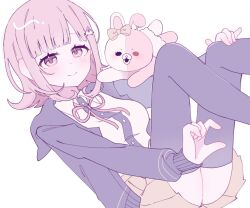 1girl blush breasts brown_hair collared_shirt danganronpa_(series) danganronpa_2:_goodbye_despair flipped_hair galaga hair_ornament highres hood jacket long_sleeves looking_at_viewer medium_hair monomi_(danganronpa) nanami_chiaki neck_ribbon open_clothes open_jacket pink_eyes pink_ribbon pleated_skirt ribbon rrr_(0o73_rrr) shirt skirt smile spaceship_hair_ornament thighhighs white_shirt