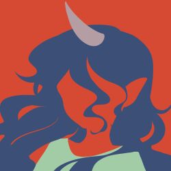 Rule 34 | 1girl, blue hair, faceless, flat color, grey horns, highres, horns, limited palette, long hair, maskin mei, minimalism, no eyes, no lineart, pointy ears, portrait, red background, silhouette, simple background, single horn, solo, tenkajin chiyari, touhou