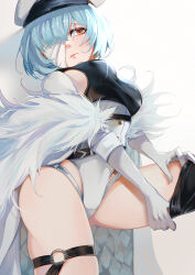 Rule 34 | 1girl, absurdres, azur lane, bandaged head, bandages, blue hair, breasts, closed mouth, coat, covered navel, fur-trimmed coat, fur trim, gloves, hair over one eye, hat, highres, kuybyshev (azur lane), large breasts, leotard, lips, peaked cap, red eyes, short hair, simple background, solo, white background, white coat, white gloves, ye dengzhi