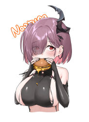 1girl artist_name bare_shoulders black_gloves black_horns black_shirt blush breasts burger cheese colored_inner_hair commentary cropped_torso ear_piercing eating elbow_gloves english_commentary eyes_visible_through_hair fingerless_gloves fingernails food food_on_body food_on_breasts gloves goddess_of_victory:_nikke hair_ornament hair_over_one_eye highres holding holding_burger holding_food horns huge_breasts looking_at_viewer medium_hair multicolored_hair nail_polish noorung one_side_up piercing pink_eyes pink_hair shirt sideboob simple_background single_horn solo two-tone_hair white_background ziz_(nikke)