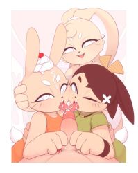 3girls beige_fur cooperative_fellatio cum cum_in_mouth cum_on_body exaggerated_limbs facial fellatio furry furry_female furry_with_non-furry interspecies kekitopu large_hands looking_at_another looking_at_viewer multiple_girls oral original rabbit teamwork_(sexual)