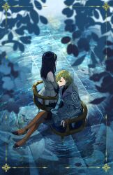 Rule 34 | 1girl, 1other, antenna hair, black hair, blonde hair, coat, dress, gloves, gnosia, hair between eyes, hair ornament, highres, hood, long hair, looking at viewer, other focus, sakuho sakutomo, setsu (gnosia), shirt, short hair, yuriko (gnosia)