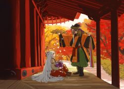 Rule 34 | 2girls, architecture, autumn leaves, black boots, black hat, boots, bow, brown hair, brown shirt, closed mouth, commentary request, east asian architecture, folding fan, fujiwara no mokou, full body, green skirt, hair bow, hand fan, hat, highres, holding, holding fan, leaf, long hair, looking at another, mask, masked, matara okina, multiple girls, open mouth, outdoors, pants, red pants, ritsuzou, shirt, sitting, skirt, smile, standing, touhou, very long hair, white bow, white hair