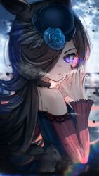 1girl absurdres advarcher animal_ears bare_shoulders bird black_choker blue_flower blue_rose breasts brown_hair choker closed_mouth cloud cloudy_sky commentary dress english_commentary flipped_hair flower hair_over_one_eye hat hat_flower highres horse_ears horse_girl horse_tail long_hair long_sleeves looking_at_viewer off-shoulder_dress off_shoulder outdoors purple_dress purple_eyes rice_shower_(umamusume) rose sky solo tail tilted_headwear umamusume upper_body