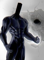 1boy abs absurdres crack cracked_wall devovas draw_this_in_your_style_challenge highres hole_in_wall male_focus muscular muscular_male original signature solo veins veiny_arms