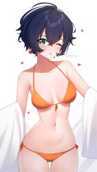 1girl alternate_costume bare_shoulders belle_(zenless_zone_zero) bikini blue_hair blush breasts commentary_request cowboy_shot crossed_bangs front-tie_bikini_top front-tie_top green_eyes hair_between_eyes highres keipup looking_at_viewer medium_breasts mihoyo navel one_eye_closed open_mouth short_hair side-tie_bikini_bottom simple_background solo stomach swimsuit white_background zenless_zone_zero