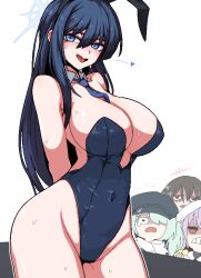 4girls arius_squad_(blue_archive) atsuko_(blue_archive) black_hair black_headwear black_leotard blue_archive blue_eyes blue_necktie blush breasts newsboy_cap cleavage covered_navel cowboy_shot detached_collar formicid green_hair groin hair_between_eyes hat hiyori_(blue_archive) large_breasts leotard long_hair misaki_(blue_archive) multiple_girls necktie open_mouth purple_hair red_eyes saori_(blue_archive) side_ponytail simple_background strapless strapless_leotard white_background