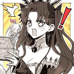 ! 1girl aruti black_ribbon black_tiara blush border box breasts cleavage commentary detached_collar detached_sleeves earrings fate/grand_order fate_(series) hair_ribbon highres hoop_earrings ishtar_(fate) jack-in-the-box jewelry long_hair medium_breasts motion_lines open_mouth parted_bangs partially_colored ribbon simple_background solo surprised tiara twintails very_long_hair white_border yellow_background