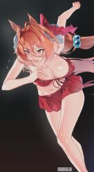 1girl animal_ears bikini black_background breasts daiwa_scarlet_(trifle_vacation)_(umamusume) daiwa_scarlet_(umamusume) frilled_bikini frills hair_between_eyes hair_bobbles hair_ornament highres horse_ears horse_girl horse_tail large_breasts long_hair navel official_alternate_costume red_bikini red_eyes red_hair running solo sweat swimsuit tail tilt-shift_(azalanz) twintails umamusume