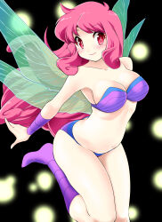 1girl absurdres bikini blush breasts cleavage commentary_request cotton_(game) fairy fairy_wings highres kneehighs large_breasts leg_up long_hair nanao_futaba navel pink_eyes pink_hair purple_bikini purple_socks silk_(cotton) smile socks solo swimsuit thighs wings