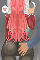 1boy 1girl absurdres ass ass_focus chikan gluteal_fold goddess_of_victory:_nikke grabbing_another&#039;s_ass groping hand_on_another&#039;s_ass heart highres jacket large_thigh_gap leotard long_hair red_jacket spoken_heart subway tagme thigh_gap thong thong_leotard volume_(nikke)
