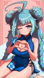 Rule 34 | 1girl, ;), ahoge, blue dress, blue eyes, blue hair, blunt bangs, braid, breasts, character request, china dress, chinese clothes, cleavage, closed mouth, commentary request, copyright request, double bun, dress, hair bun, heart, heart hands, highres, huge ahoge, large breasts, long hair, looking at viewer, nito2230, one eye closed, pink background, sitting, smile, solo, twin braids, wariza