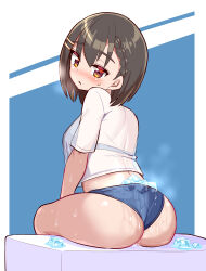 1girl ass ass_focus ass_press blush bra braid breasts cougar_(cougar1404) from_behind hair_ornament hairclip half_updo huge_ass ice ice_cube looking_at_viewer looking_to_the_side medium_breasts open_mouth original panties red_eyes see-through_clothes shirt short_hair sideboob sitting solo sweat underwear