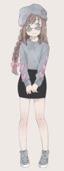 1girl alternate_costume aqua_eyes black_skirt braid brown_hair casual commentary_request full_body grey_hat grey_shoes grey_sweater hat kizuna_ai kizuna_ai_inc. low_twin_braids miniskirt nanoningen_(anapoko) pencil_skirt shoes skirt smile solo sunglasses sweater twin_braids virtual_youtuber