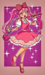 1girl :d anatyanman ball_and_chain_(weapon) belt border bow brown_border buttons chain collared_shirt cute_weapon double-parted_bangs dress film_grain flail frilled_sleeves frills full_body hair_between_eyes hashtag-only_commentary heart_belt highres holding_flail long_hair looking_at_viewer mary_janes nail_polish omori open_mouth outline outside_border over_shoulder petticoat pink_belt pink_bow pink_dress pink_eyes pink_hair pink_nails pink_shoes pinky_out polka_dot polka_dot_bow puffy_short_sleeves puffy_sleeves purple_background shirt shoes short_sleeves simple_background sleeveless sleeveless_dress smile solo sparkle standing standing_on_one_leg sweetheart_(omori) teeth tongue twintails upper_teeth_only very_long_hair vignetting weapon weapon_over_shoulder white_outline white_shirt white_wrist_cuffs wrist_cuffs