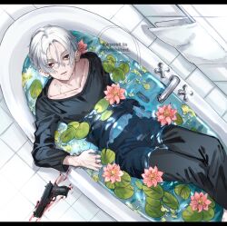 1boy bathtub black_eyes black_pants blank_eyes blood bloody_weapon bo_1125359 commentary empty_eyes flower gun highres long_sleeves looking_at_viewer lotus lotus_leaf male_focus pants pink_flower sano_manjirou short_hair symbol-only_commentary tile_floor tiles tokyo_revengers weapon white_hair