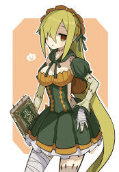 Rule 34 | 1girl, bandaged hand, bandaged leg, bandages, bare shoulders, blonde hair, book, border, breasts, cleavage, colored skin, detached sleeves, dress, frilled dress, frills, green dress, green hairband, green ribbon, hair over one eye, hairband, highres, holding, holding book, large breasts, light blush, long hair, looking at viewer, majo to hyakkihei, multicolored skin, one eye covered, orange dress, orange eyes, orange hairband, outside border, parted lips, puffy short sleeves, puffy sleeves, pumpkin, ribbon, ryubence (majo to hyakkihei), short sleeves, solo, stitched arm, stitched leg, stitched neck, stitched torso, stitches, suaman, thighs, two-tone dress, two-tone hairband, very long hair, white border