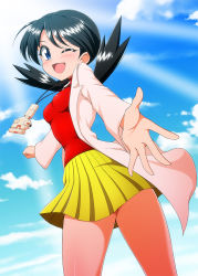1girl ;d blue_eyes blue_hair blue_sky blush cloud coat creatures_(company) game_freak jewelry kris_(pokemon) looking_at_viewer necklace nintendo one_eye_closed open_clothes open_coat open_mouth pleated_skirt pokemon pokemon_adventures red_shirt shirt skirt sky smile solo takappe twintails white_coat yellow_skirt