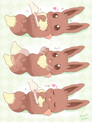 1other :3 :d artist_name blush brown_eyes brown_fur checkered_background closed_eyes closed_mouth comb commentary_request eevee flailing gen_1_pokemon green_background heart highres holding holding_comb motion_lines mugita_konomi nintendo open_mouth pokemon pokemon_(creature) smile