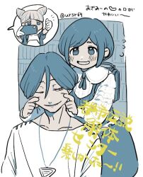 1boy 2girls backpack bag commentary_request cone_hair_bun double_bun fingersmile fukurai_azami hair_bun matsushiro_(yutakatanbo) meguriya_ayumu multiple_girls short_hair smile thumbs_up tomarigi_yasumi toshi_densetsu_kaitai_center translation_request triangle_necklace