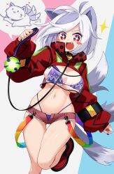 1girl alternate_costume animal_collar animal_ears antenna_hair armband bikini black_armband blue_background blue_nails blush_stickers breasts collar collared_shrug commentary_request fang frilled_skirt frills gold_buckle green_stripes grey_hair grey_stripes heart high-visibility_clothing holding_own_leash large_breasts leash long_sleeves microskirt mitsugashira_enoko mitsugashira_enoko_(dog) muchin_jousha multicolored_hair multiple_tails name_tag open_fly pink_background puffy_long_sleeves puffy_sleeves purple_bikini purple_collar rainbow_print red_eyes red_footwear red_shrug red_skirt shrug_(clothing) skirt smile solo sparkling_eyes speech_bubble spoken_character spoken_heart strap striped_background swept_bangs swimsuit tail tongue tongue_out touhou two-tone_hair v-shaped_eyebrows white_background white_hair wolf_ears wolf_girl wolf_tail
