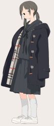 1girl absurdres black_coat black_eyes black_serafuku black_skirt blush coat full_body highres hood kumanoi_(nichols) original pleated_skirt school_uniform serafuku shoes simple_background skirt socks solo standing twintails