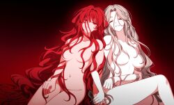 2girls bbunny brown_hair closed_eyes completely_nude convenient_censoring hair_between_eyes highres holding_hands long_hair multiple_girls nude open_mouth original red_background red_eyes red_hair simple_background smile very_long_hair yuri