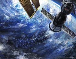 Rule 34 | cloud, earth (planet), fish, g.n.a, giant, giant monster, glowing, glowing eyes, green eyes, highres, kaiju, monster, no humans, ocean, original, planet, satellite, sea monster, space