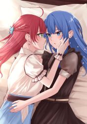2girls black_dress blue_eyes blue_hair blue_skirt blush braid commentary_request dress earrings flower_earrings green_eyes half_up_braid hand_on_another&#039;s_face hand_on_another&#039;s_waist highres hololive hoshimachi_suisei jewelry kurokawa_rikuu long_hair multiple_girls parted_lips pink_hair sakura_miko shirt short_sleeves skirt star_(symbol) star_in_eye symbol_in_eye virtual_youtuber white_shirt yuri