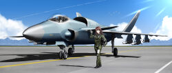 1girl absurdres ace_combat air-to-air_missile aircraft airplane asf-x_shinden_ii bird black_boots blue_sky boots breasts brown_hair canards canopy_(aircraft) cloud cockpit commentary commission contrail day emmerian_flag english_commentary fighter_jet flag_patch flight_suit full_body g-suit gloves grass green_eyes green_jumpsuit grey_gloves helmet highres jumpsuit landing_gear light_rays medium_breasts military_vehicle missile mountainous_horizon original outdoors oxygen_mask pilot pilot_helmet pouch runway shadow sky smile solo standing vehicle_focus waving zero_(73ro)