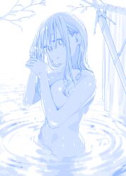 1girl bathing blue_theme branch breast_press breasts completely_nude getsuyoubi_no_tawawa highres himura_kiseki large_breasts long_bangs long_hair looking_at_viewer maegami-chan_(tawawa) monochrome navel nude outdoors parted_lips partially_submerged shiny_skin solo sword water water_drop weapon wet